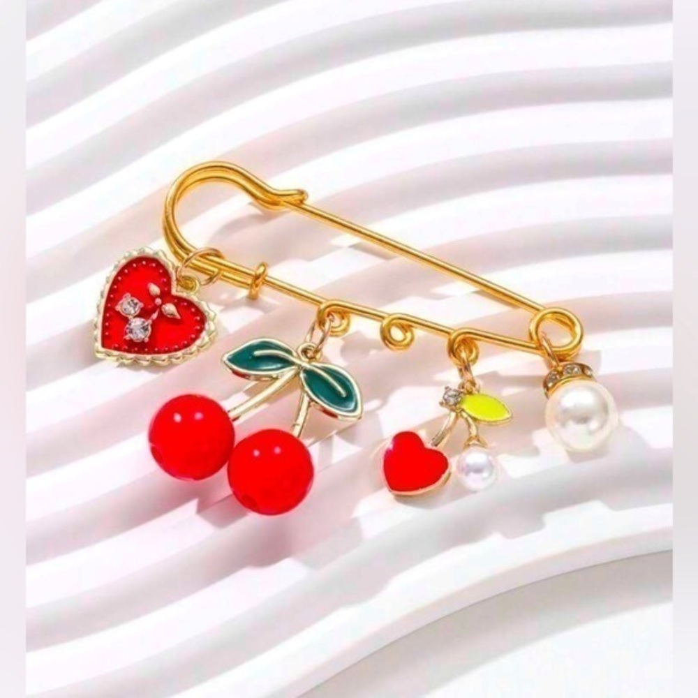 ✨NWT Cherry Faux Pearl Rhinestone Brooch safety Pin